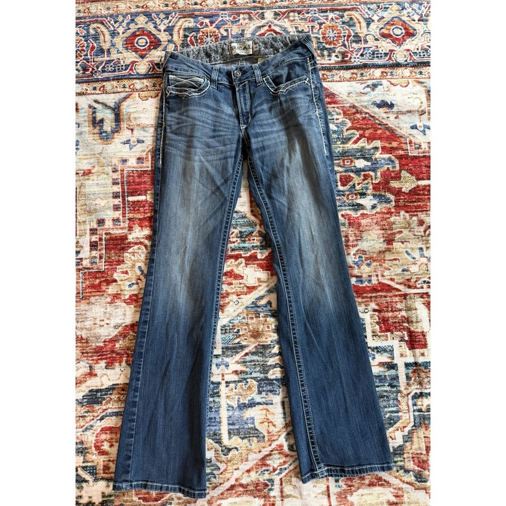 Ariat Real Women's Boot Cut Jeans Blue Stone Wash Thick Stitch Denim Size 30L